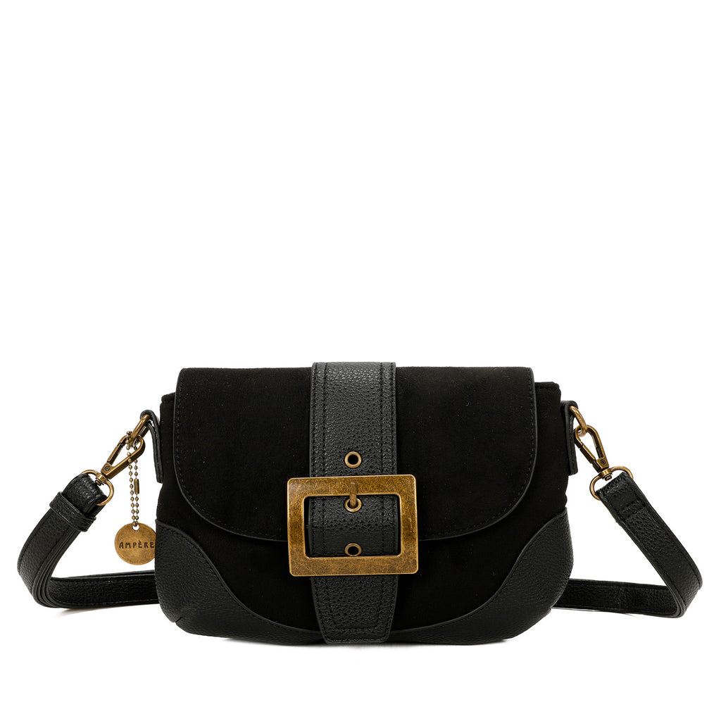 ampere creations Serena Vegan Leather Faux Suede Flap Over Crossbody Bag - Black