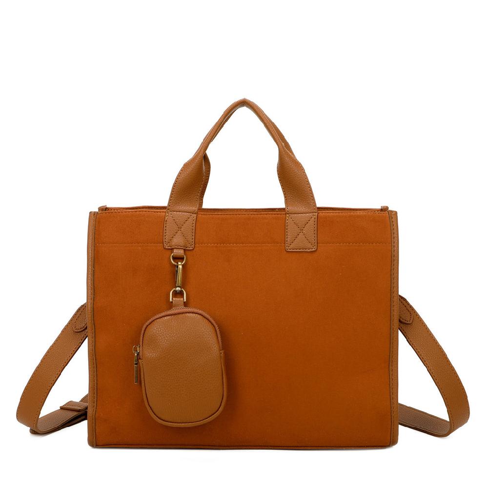 ampere creations Tiara Vegan Leather Adjustable Strap and mini-bag Suede Tote - Brown