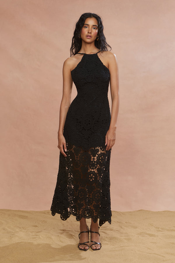 Amur Crochet Midi Halter Dress Black