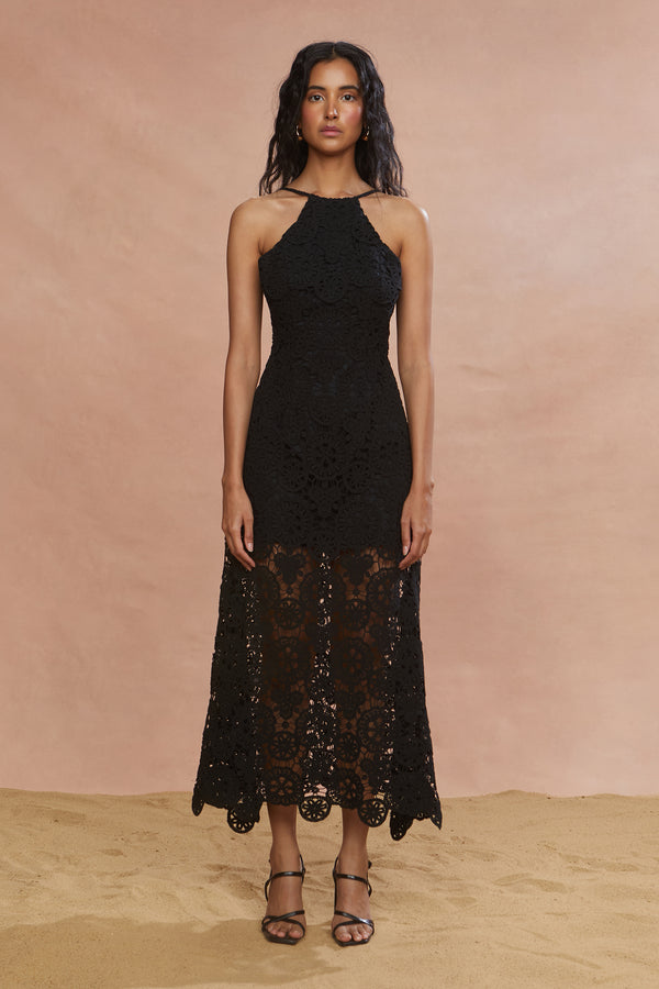 amur Crochet Midi Halter Dress Black