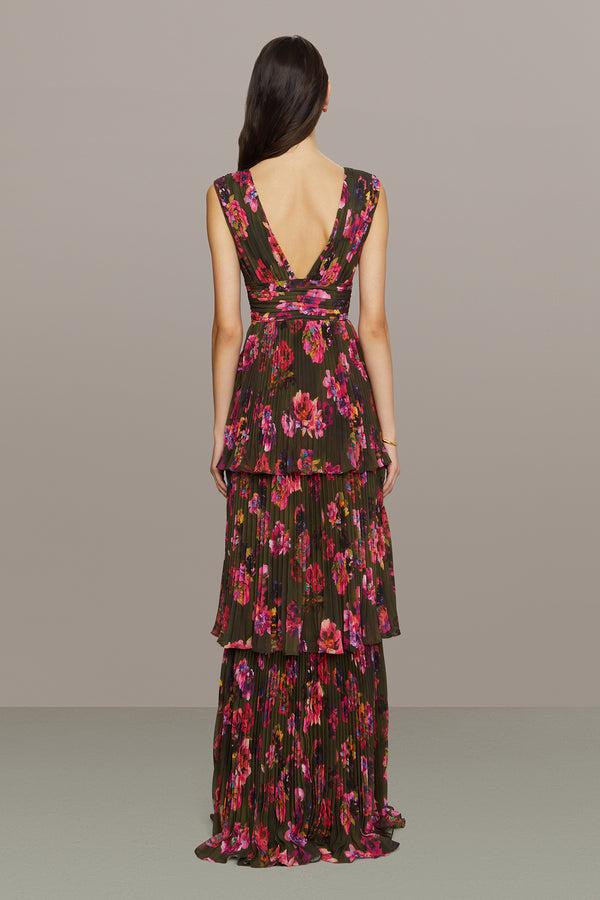 Amur Fluer Deep V Pleated Gown Earthy Garden