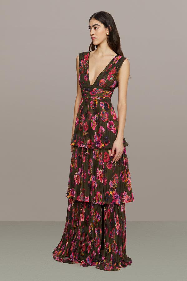 Amur Fluer Deep V Pleated Gown Earthy Garden