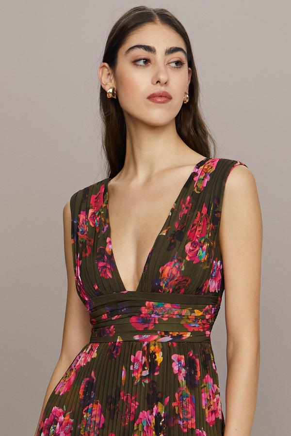 Amur Fluer Deep V Pleated Gown Earthy Garden