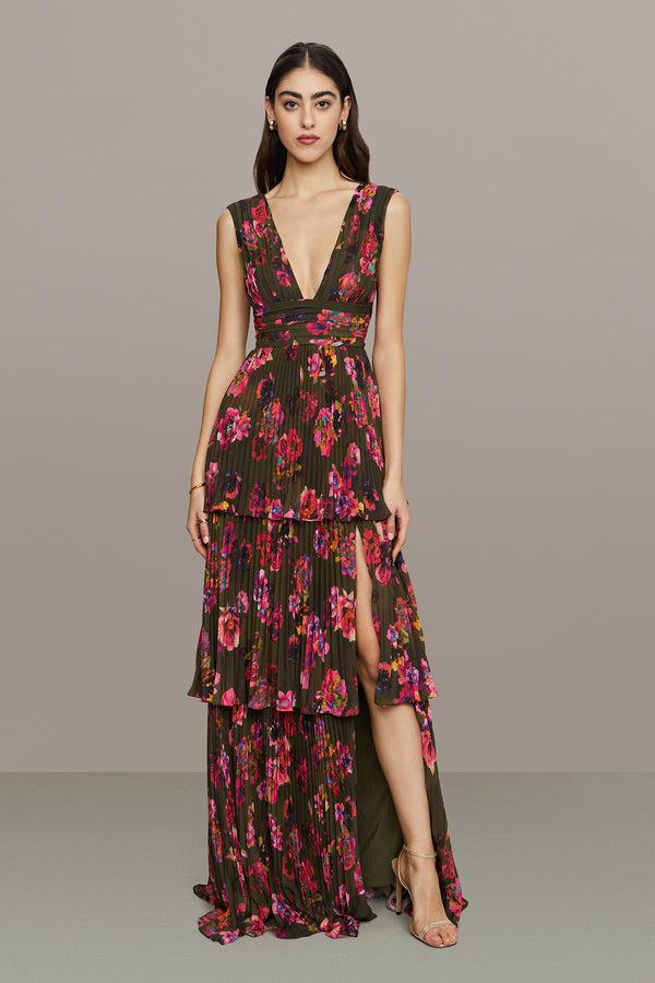amur Fluer Deep V Pleated Gown Earthy Garden