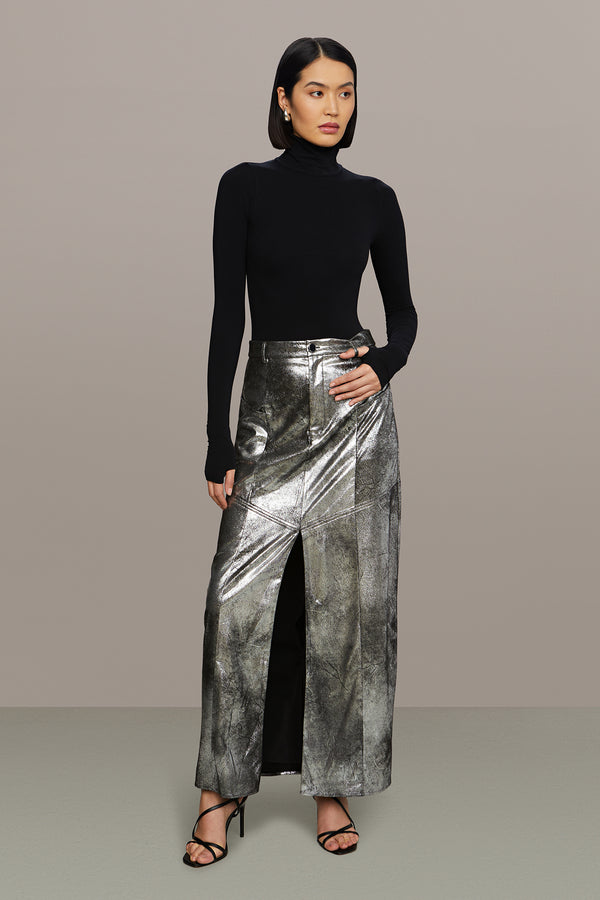 Amur Jil Midi Leather Skirt Chrome