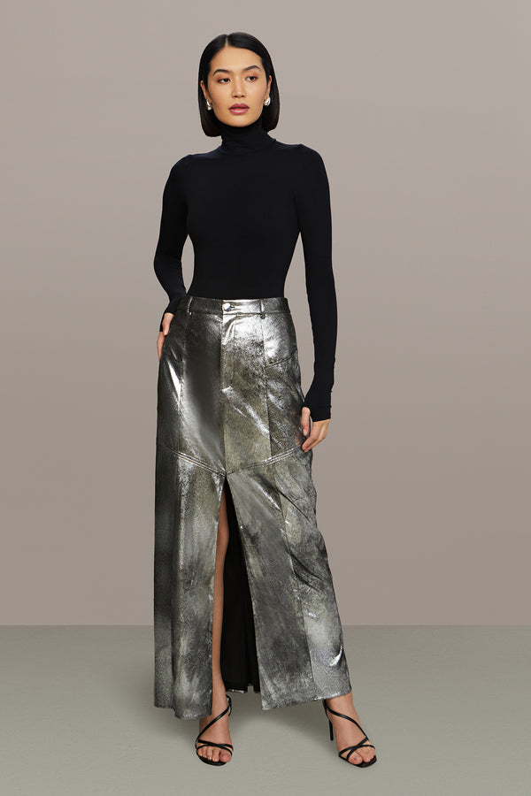 amur Jil Midi Leather Skirt Chrome