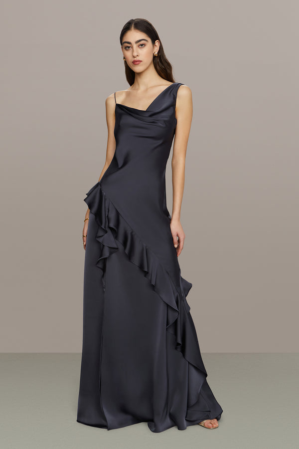 Amur Juliet Charmeuse Cowl Gown Charcoal Cloud