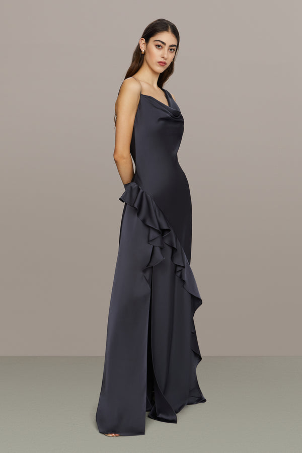 Amur Juliet Charmeuse Cowl Gown Charcoal Cloud