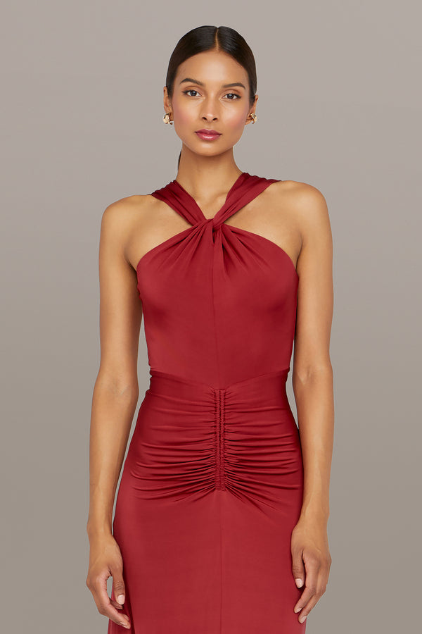 Amur Mena Halter Jersey Dress Vivid Auburn