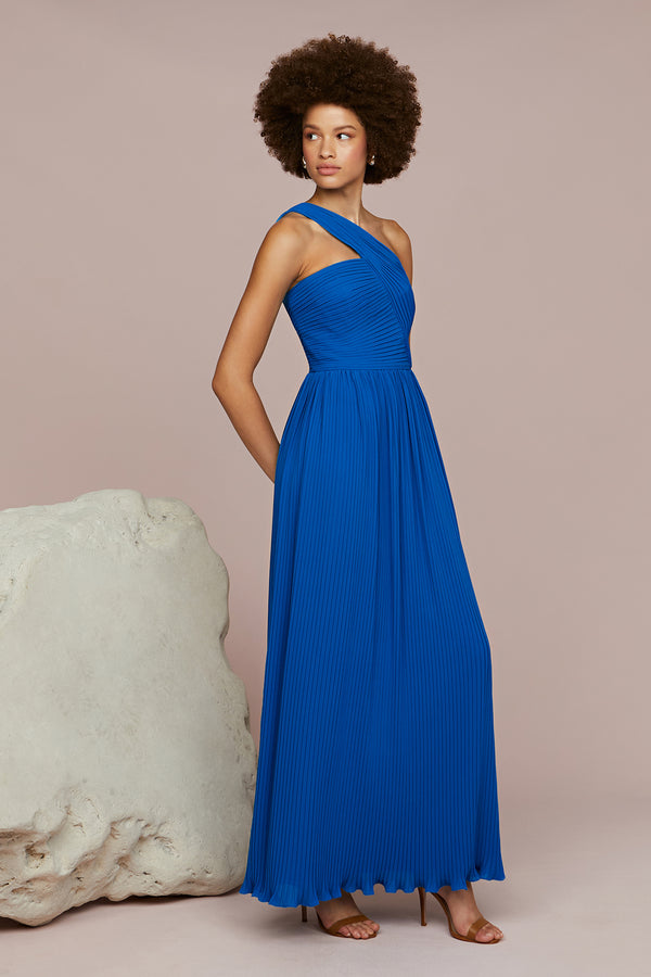 Amur Skye Deep V Pleated Gown Poseidon