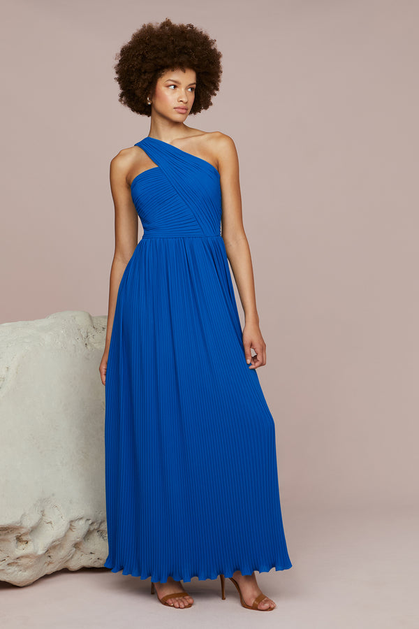 Amur Skye Deep V Pleated Gown Poseidon