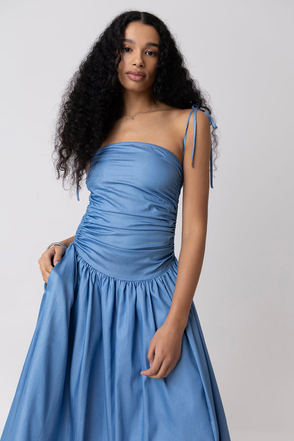 Amy Lynn Alexa Lyocell Chambray Blue Puffball Dress