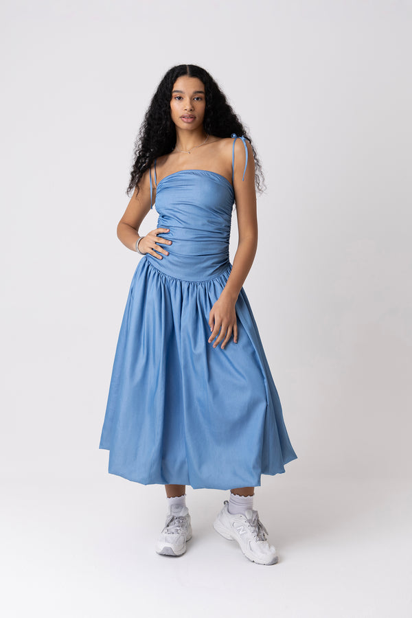 Amy Lynn Alexa Lyocell Chambray Blue Puffball Dress
