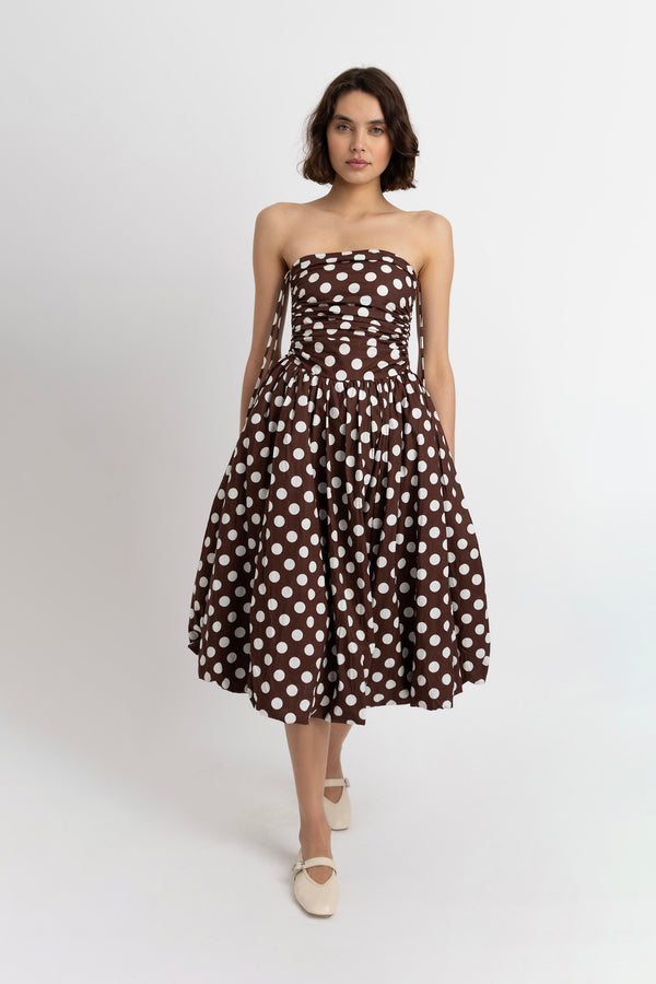 Amy Lynn Alexa Rich Cotton Brown Polka Dot Puffball Dress