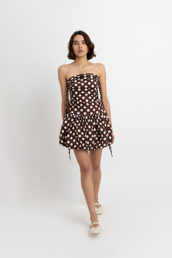 Amy Lynn Alexa Rich Cotton Brown Polka Dot Puffball Ultra Mini Dress