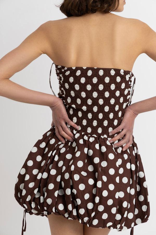Amy Lynn Alexa Rich Cotton Brown Polka Dot Puffball Ultra Mini Dress