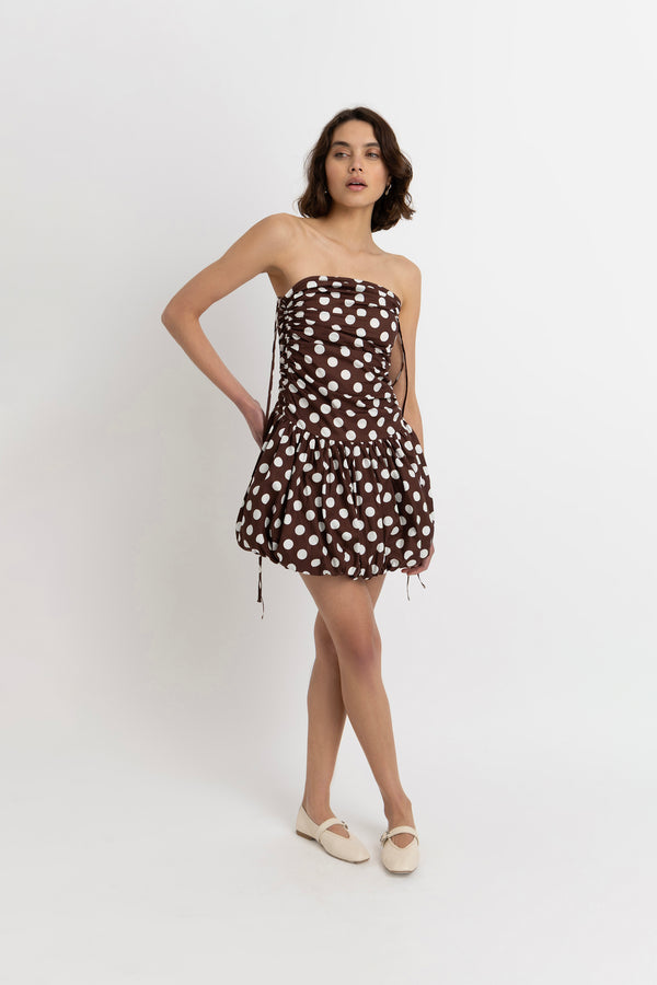 amy lynn Alexa Rich Cotton Brown Polka Dot Puffball Ultra Mini Dress