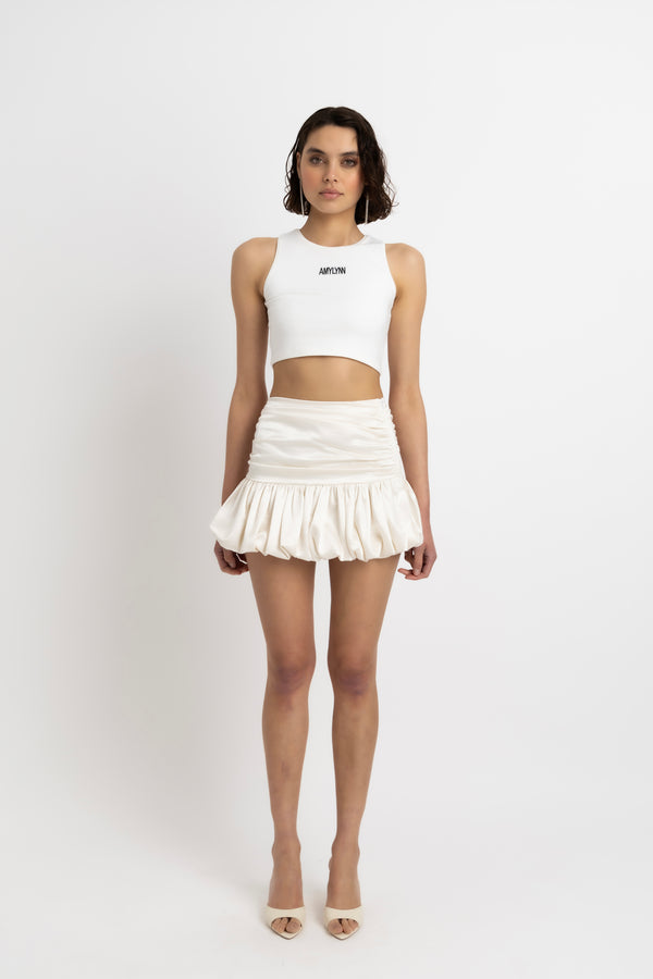 Amy Lynn Bella Cream Satin Puffball Mini Skirt