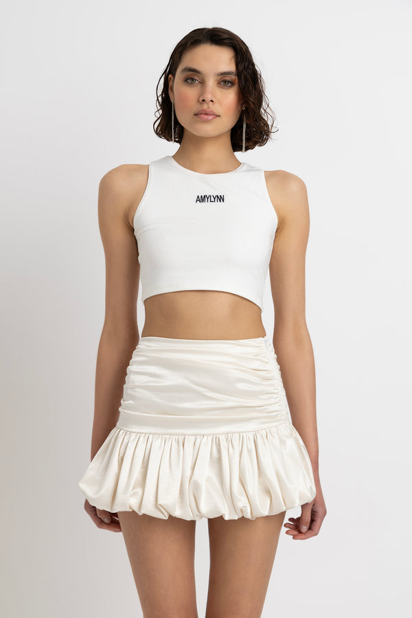 amy lynn Bella Cream Satin Puffball Mini Skirt