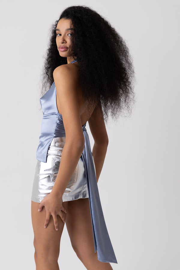 Amy Lynn Carmel Blue Satin Halter Cowl Top