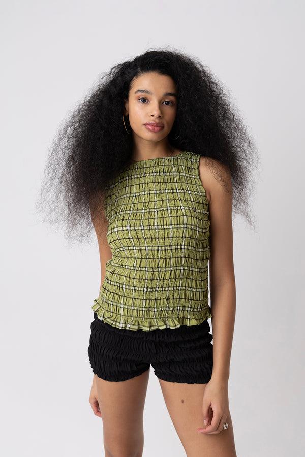 Amy Lynn Cher Shirred Green Plaid Top