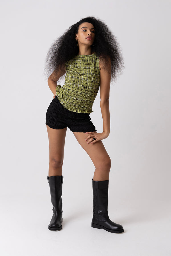 Amy Lynn Cher Shirred Green Plaid Top