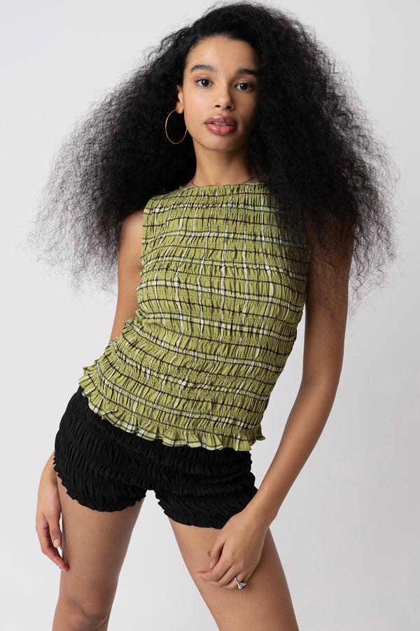 Amy Lynn Cher Shirred Green Plaid Top