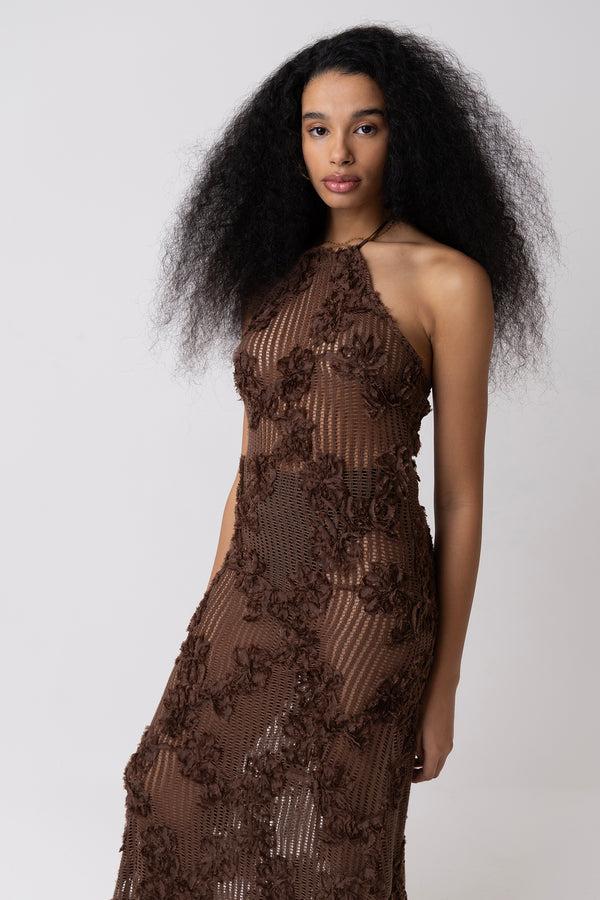 Amy Lynn Cici Brown Floral Crochet Maxi Dress