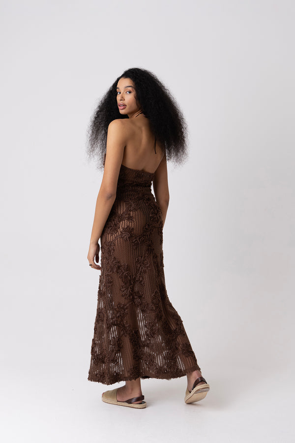 Amy Lynn Cici Brown Floral Crochet Maxi Dress