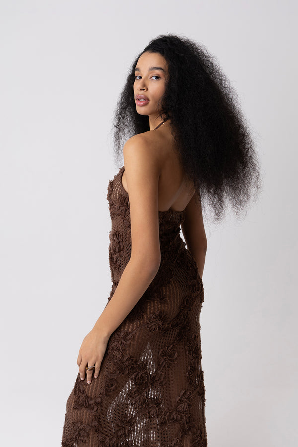 Amy Lynn Cici Brown Floral Crochet Maxi Dress