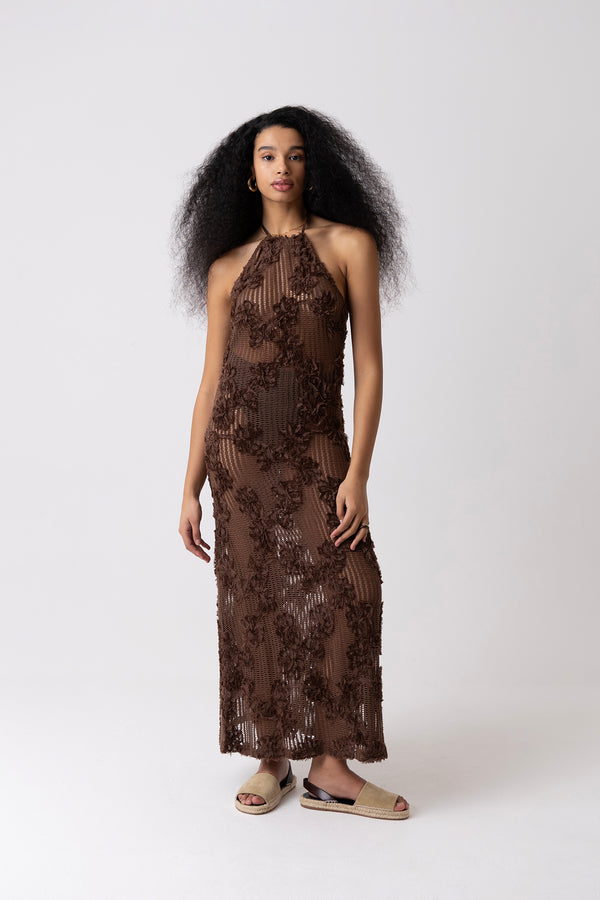 amy lynn Cici Brown Floral Crochet Maxi Dress