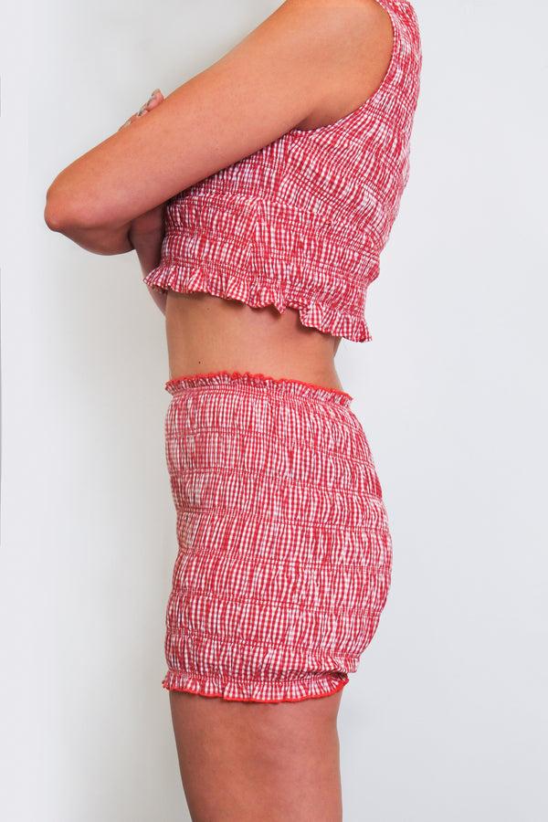 Amy Lynn Danica Red Cotton Gingham Shirrerd Shorts