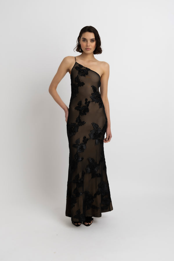 amy lynn Divya Black 3D Floral Motif Maxi Dress