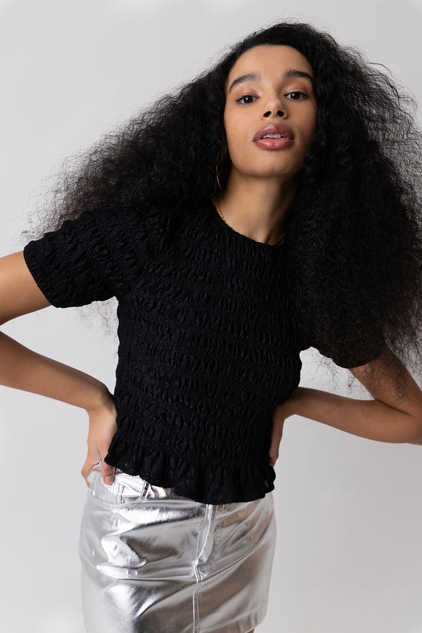 Amy Lynn Eliza Black Lace Shirred Top