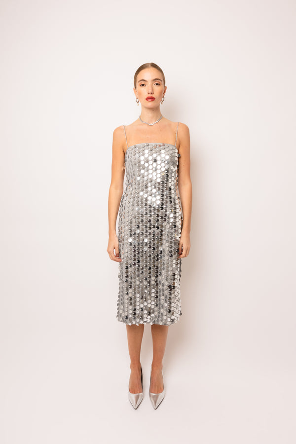 Amy Lynn Farley Silver Disc Sequin Midi Dress