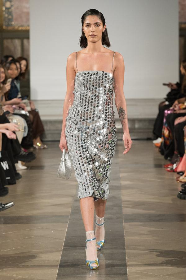 Amy Lynn Farley Silver Disc Sequin Midi Dress