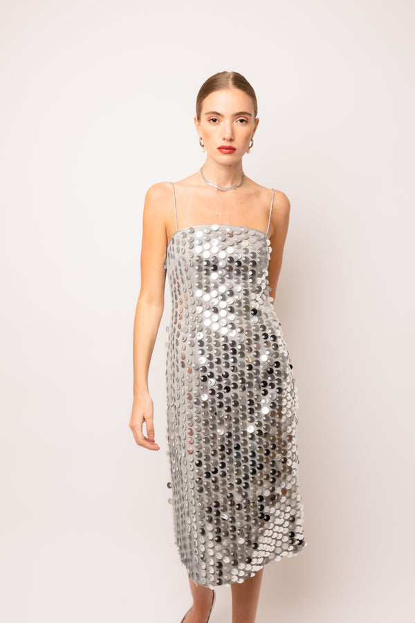amy lynn Farley Silver Disc Sequin Midi Dress