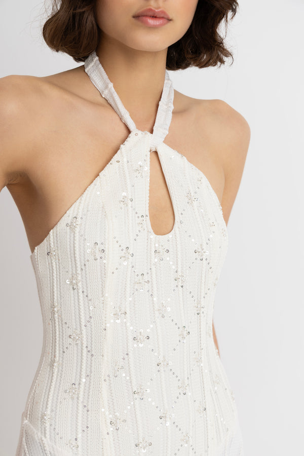 Amy Lynn Gaia Cream Crochet Halterneck Maxi Dress