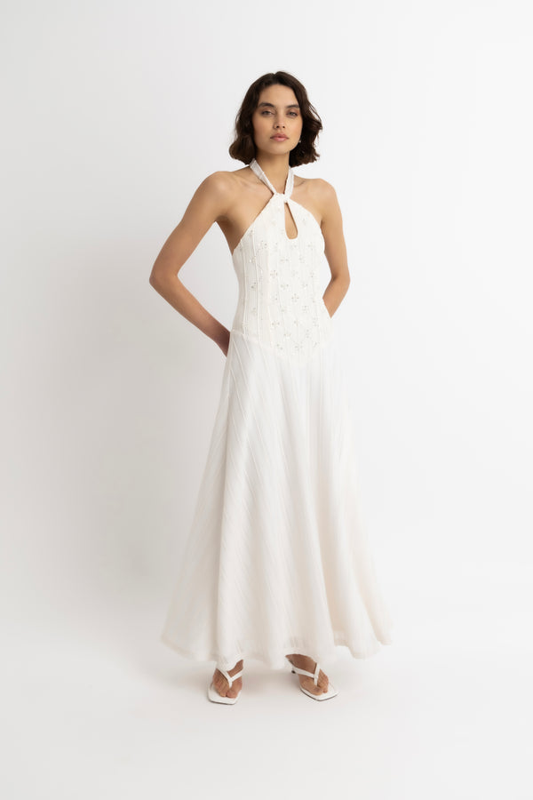 Amy Lynn Gaia Cream Crochet Halterneck Maxi Dress