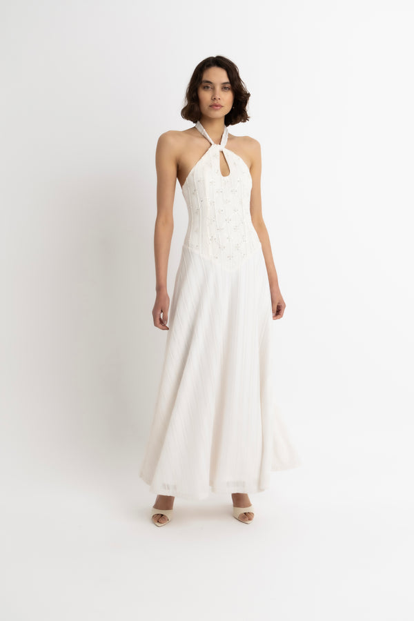 amy lynn Gaia Cream Crochet Halterneck Maxi Dress
