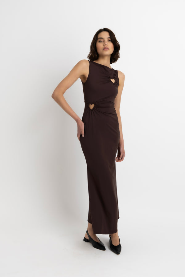 amy lynn Harlie Brown Heart Cut Out Maxi Dress
