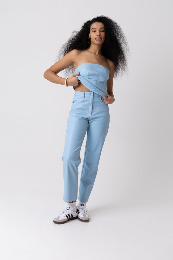 Amy Lynn Lupe Sky Blue Vegan Leather Trousers