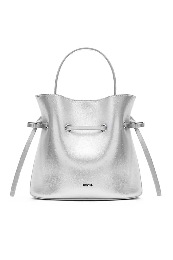 amy lynn Lyon Silver Leather Bucket Bag