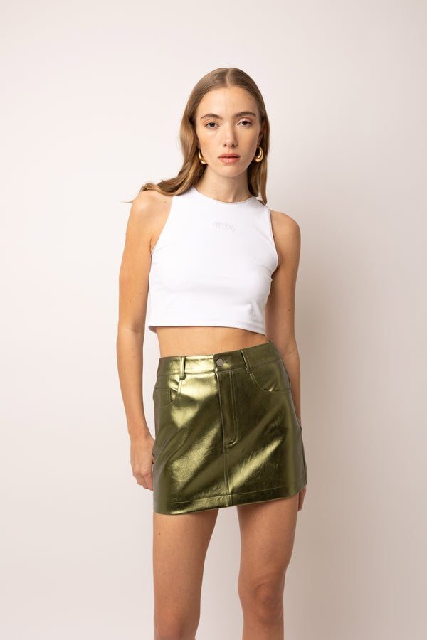 Amy Lynn Milena Khaki Green Metallic Mini Skirt