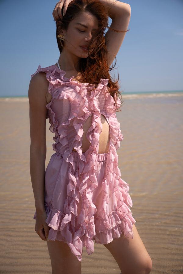 amy lynn Paola Pink Ruffle Chiffon Top