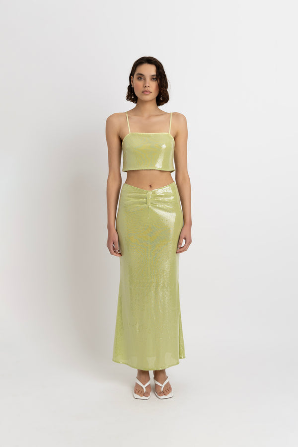 amy lynn Riva Lime Green Sequin Maxi Skirt