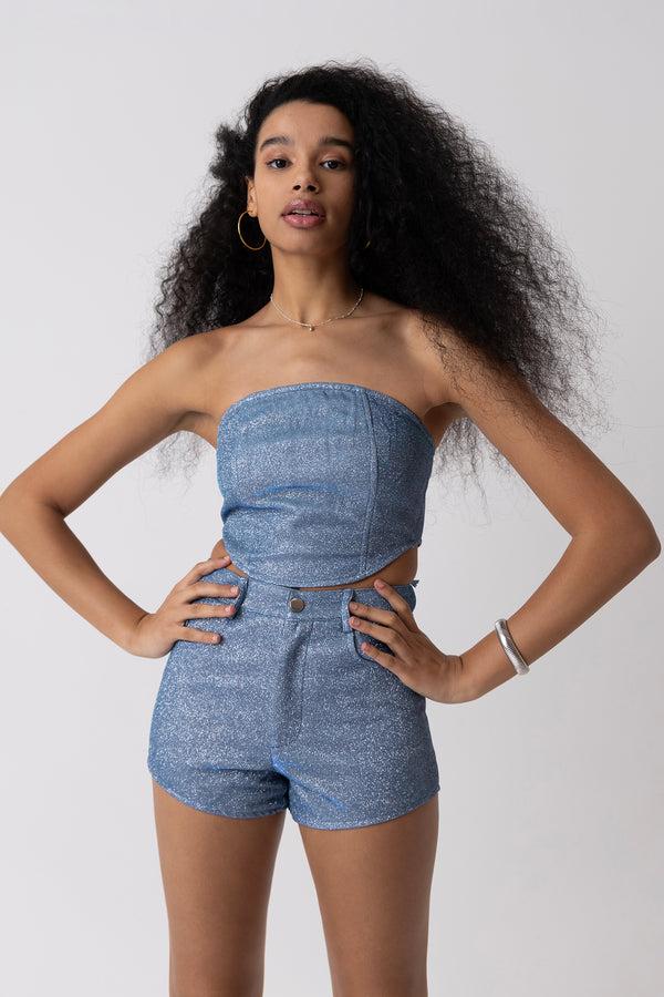 Amy Lynn Roxy Blue Metallic High Waisted Hotpants