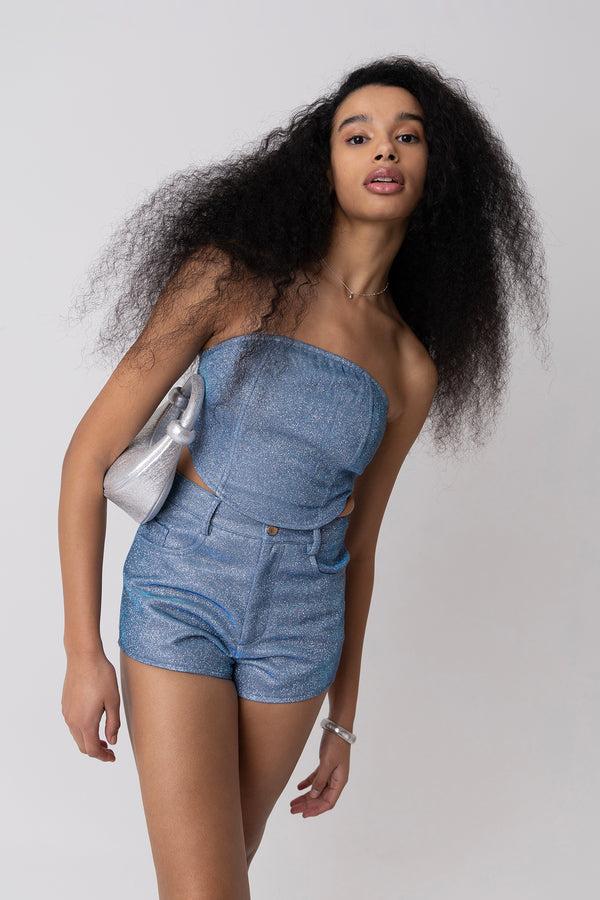 Amy Lynn Roxy Blue Metallic High Waisted Hotpants