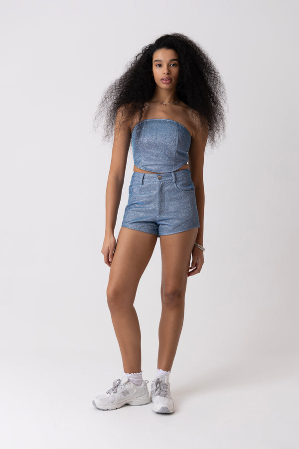 amy lynn Roxy Blue Metallic High Waisted Hotpants