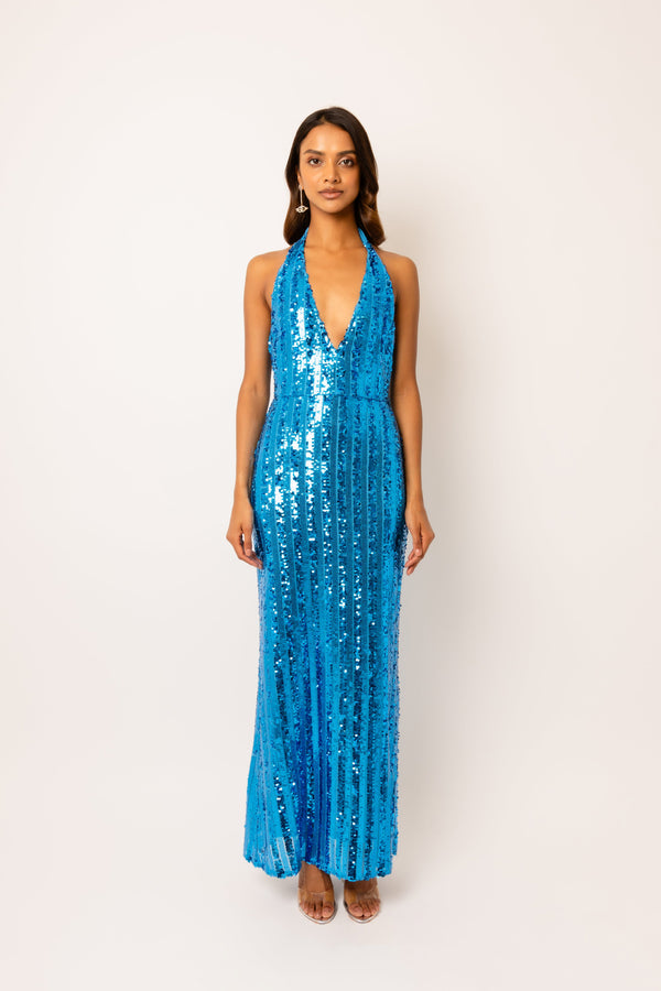 amy lynn Shiloh Blue Sequin Maxi Dress